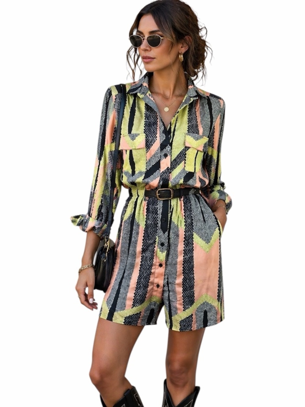 BAR III COLOURFUL PRINT BUTTON SHIRT DRESS